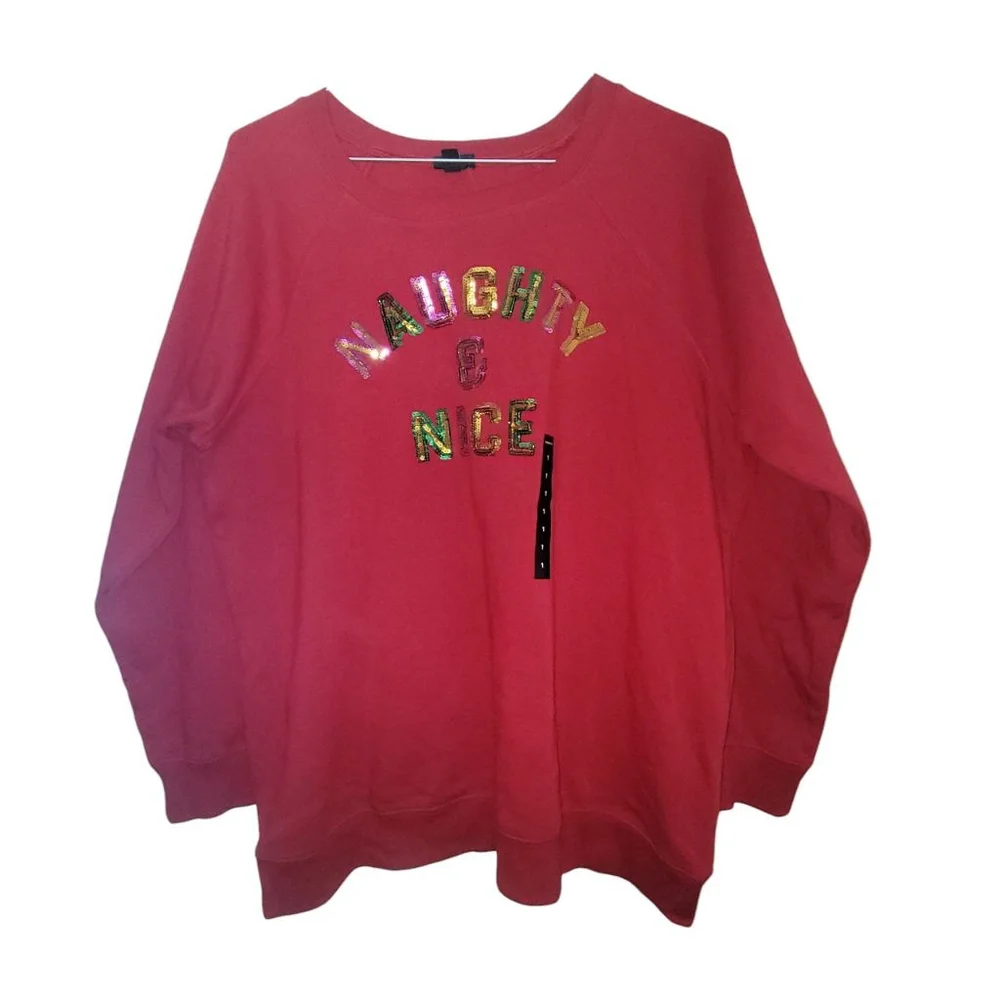 Women's Torrid Naughty & Nice Christmas Sweatshirt Plus 1X Red Multicolor - Picture 2 of 6